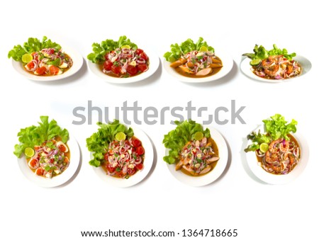 Collection set of Spicy salad (Yum Thai style) Traditional spicy -hot seafood, egg Thai food. Thai cuisine delicious food popular of Thailand decorate of vegetable salad Isolated on white background