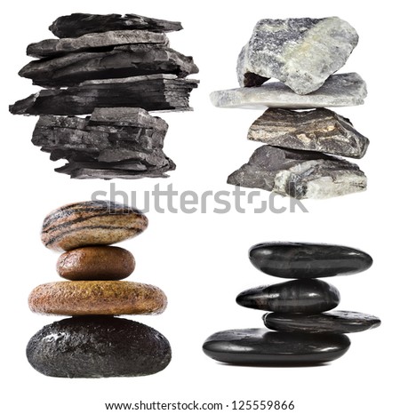 Collection set of  stack tower of black coal , marble, cobble rock, isolated on white background