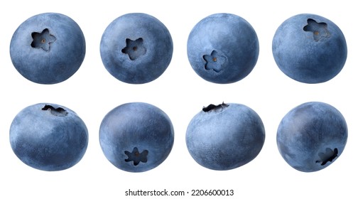 Collection or set of various fresh ripe blueberries on white background, falling berries, different angle