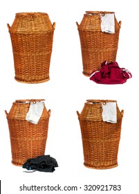 Collection Or Set Of Wicker Laundry Basket Or Hamper Full With Dirty Clothes  Over White Background