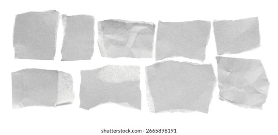 Collection sheets of note papers, crumpled scraps isolated on white background, clipping path