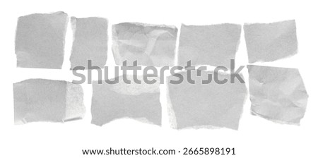 Collection sheets of note papers, crumpled scraps isolated on white background, clipping path
