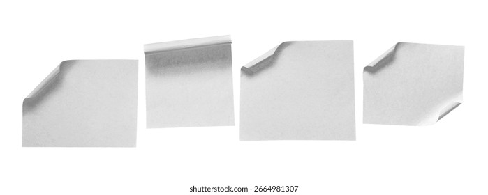 Collection sheets of note papers with curled corner, isolated on white background, clipping path