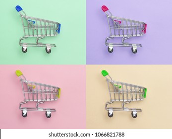 Collection Of Shopping Cart  Full Of Shopping Time.Top View Or Flat Lay Composition Cart On Color Background.