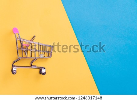 Collection of shopping cart  full of shopping time.Top view or flat lay composition cart on color background.