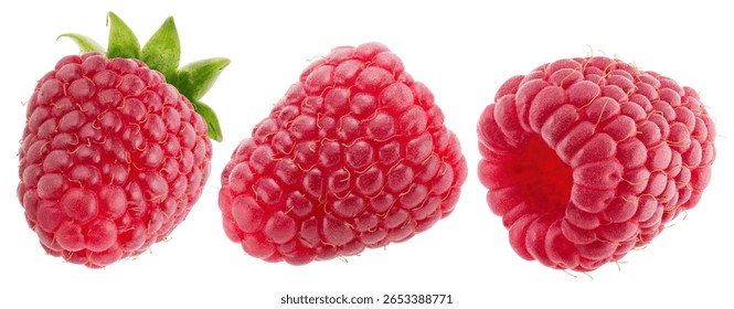 collection of single raspberry isolated on white background.
