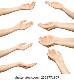 A collection of six different hand gestures, all with an open palm and a variety of angles, isolated on a white background. Hand asking for help and alms - Powered by Shutterstock