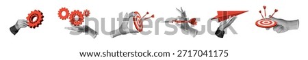 Collection of six hand elements with red gears, targets, darts, and paper airplane. For concepts of teamwork, strategy, goal setting, action, and innovation in business collages. Part of series.