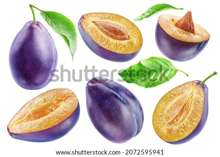 Collection of six ripe purple plums isolated on white background. A set of whole blue plums and halves.