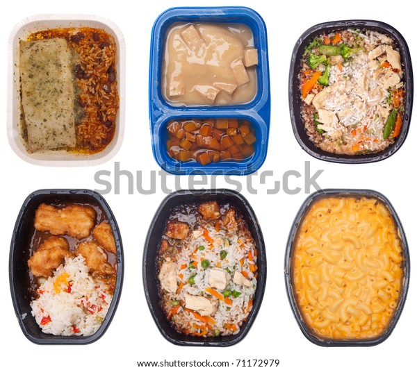 Collection of Six TV\
Dinners Isolated on\
White.