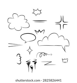 A collection of sketch elements including underlines, arrows, speech bubbles, clouds, emphasis marks, and guide lines.