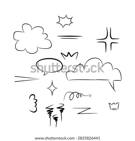 A collection of sketch elements including underlines, arrows, speech bubbles, clouds, emphasis marks, and guide lines.