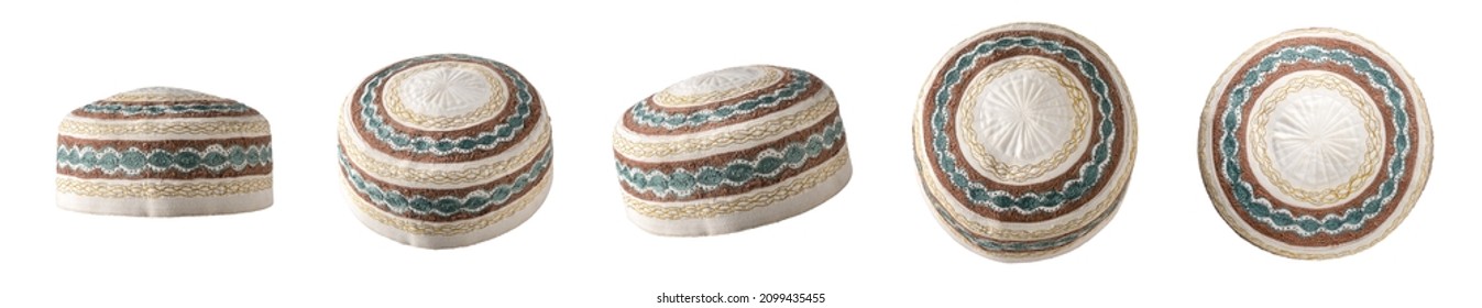 collection skull caps  decorative islamic headdress worn by muslim men  isolated in white background indifferent angles