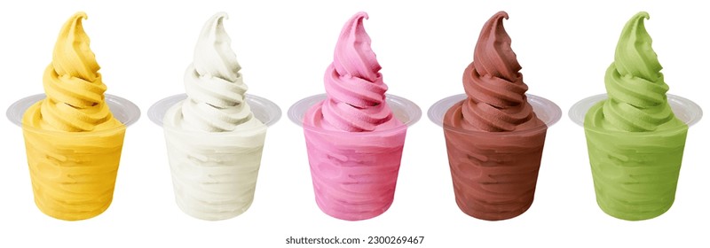 Collection of soft serve ice cream swirl in plastic cups on white background. Frozen yogurt with mango, vanilla, strawberry, chocolate, matcha green tea flavor. Mock up template no label for sundae.