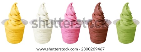 Collection of soft serve ice cream swirl in plastic cups on white background. Frozen yogurt with mango, vanilla, strawberry, chocolate, matcha green tea flavor. Mock up template no label for sundae.