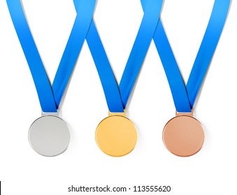 Collection Of Sports Medals On White Background With Path