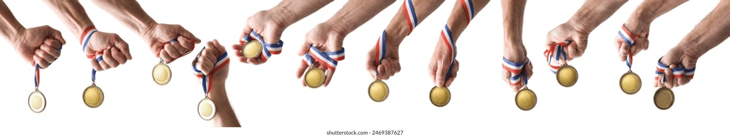 Collection of sports medals of various materials and designs with blue white and red ribbon isolated on white background. - Powered by Shutterstock