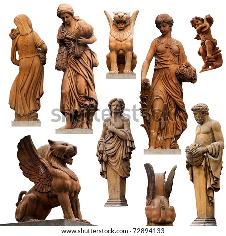 Collection of statues isolated on white background