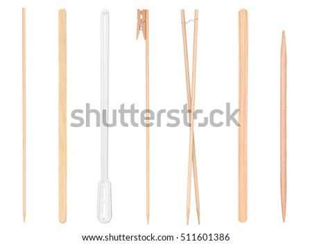 A collection of sticks, stirrers and toothpicks, and skewers canapes on an isolated white background