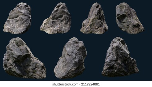 Colección de piedras o rocas aisladas en un fondo oscuro