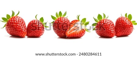 collection of strawberries on white backdrop, displaying variations from whole to sliced. Vivid red hue and detailed texture make each piece stand out distinctly