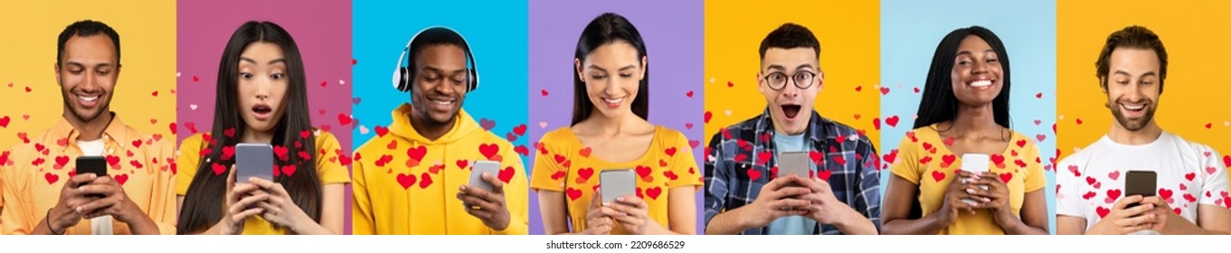 Collection of studio photos of happy attractive young multicultural people men and women chatting with lovers over colorful backgrounds, using cell phones with flying hearts, collage, web-banner - Shutterstock ID 2209686529