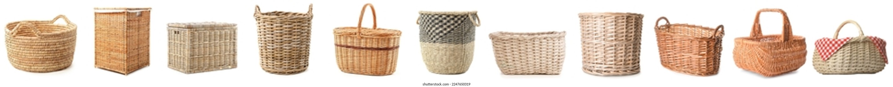 Collection of stylish rattan baskets on white background