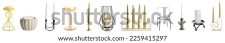 Collection of stylish table holders on white background