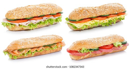 Collection Of Sub Sandwiches With Salami Ham Cheese Salmon Fish Whole Grains Isolated On A White Background