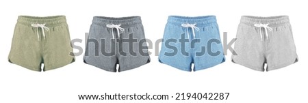 Collection of summer shorts. Women's light  short shorts with a drawstring. Isolated image on a white background.
