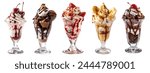 Collection of Sundae sundaes ice cream frozen dessert in tulip glass cup on white background cutout file. Many assorted different flavour Mockup template for artwork design	
