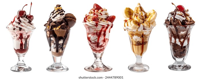 Collection of Sundae sundaes ice cream frozen dessert in tulip glass cup on white background cutout file. Many assorted different flavour Mockup template for artwork design 
