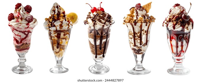 Collection of Sundae sundaes milkshake ice cream frozen dessert in tulip glass cup on white background cutout file. Many assorted different flavour Mockup template for artwork design