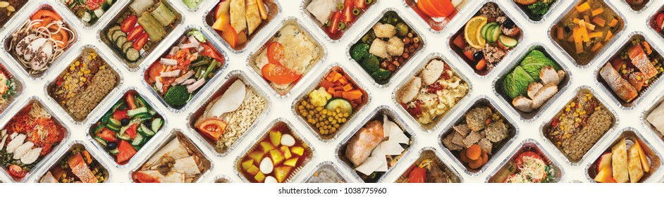 Collection of take away foil boxes with healthy food. Set of containers with everyday meals - meat, vegetables and law fat snacks on white background, top view - Shutterstock ID 1038775960