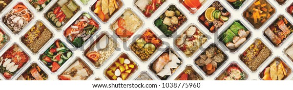 Collection of take away foil boxes with healthy food. Set of containers with everyday meals - meat, vegetables and law fat snacks on white background wallpaper. 