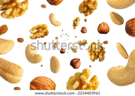 Collection of tasty crispy Hazelnut, Wallnut, Pecan nut, almond and sultana raisins falling isolated on white background. Concept organic diet mix. Selective focus