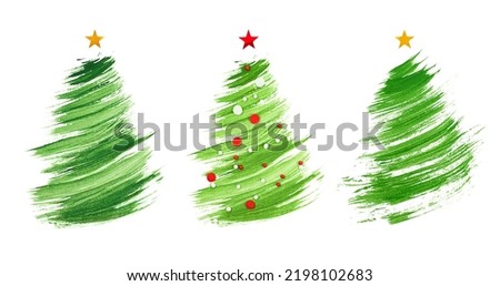 collection of three Christmas tree drawn with a brush on a white isolated background