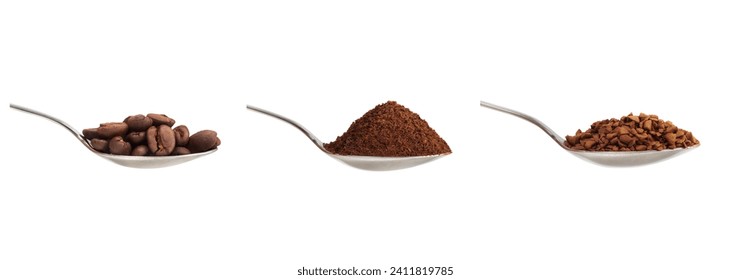 A collection of three spoons holding coffee beans, ground coffee and instant coffee for a fresh cup of coffee concept isolated against a white background. - Powered by Shutterstock