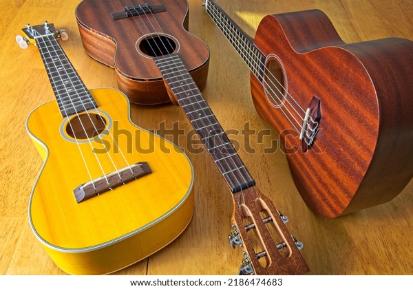 Collection of three ukuleles aligned on sun\
drenched wooden table top. High angle view. Side lit, showing\
texture of wood\
grains.