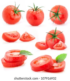 Collection of tomatoes and sliced with water drops, isolated on white background - Shutterstock ID 107916932