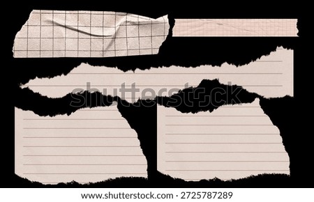 Collection of torn beige paper elements, including lined and grid sections, perfect for vintage collage or scrapbook design overlays.