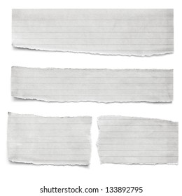 Collection Of Torn Lined Paper Pieces, Isolated On White.