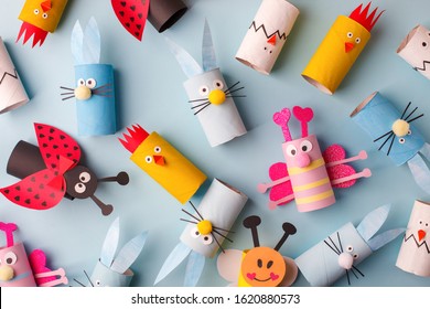 Collection Of Toys From Toilet Roll Tube For Happy Easter Decor. A Terrible Craft. School And Kindergarten. Handcraft Creative Idea, Seasonal Spring Time Holiday Pattern