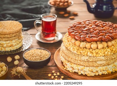 Collection of traditional Arabic sweets and candies to celebrate "Prophet Muhammad's Birthday Event". Varieties of Egyptian Mawlid Sweets or " Halawet Al-Mawlid Al- Nabawi". - Shutterstock ID 2205249295