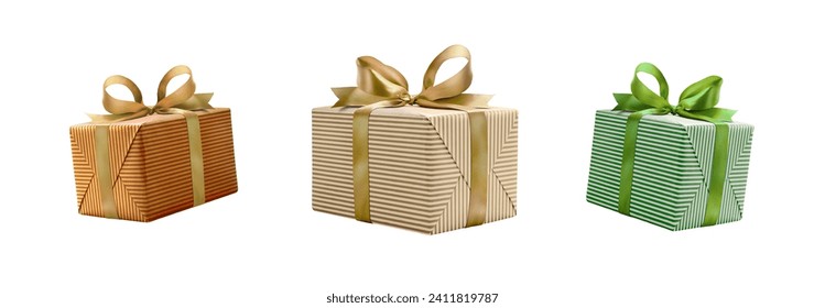 A collection of traditional stripped gold, orange and green gift wrapped presents with a gold and green ribbon bows isolated against a white background. - Powered by Shutterstock