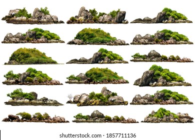 collection of trees. Mountain on the island and rocks.Isolated on White background - Shutterstock ID 1857711136