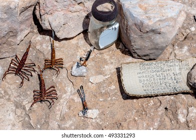 A Collection Of Trinkets Including Wire Scorpions And Dragonflies For Sale Near The Mexican Border Town Of Boquillas, Mexico.