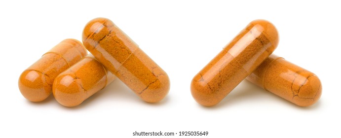 Collection Turmeric (curcumin) Capsules Isolated On White Background,Herbal Capsule .