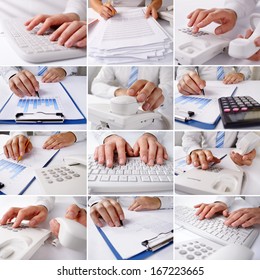 Collection of twelve different close up views of the hands of a businessman at work at his desk doing a variety of tasks including, computing, graph analysis, communication and writing - Shutterstock ID 167223665
