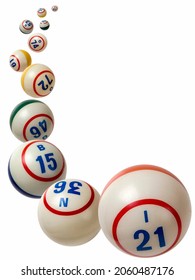 A Collection Of Used Falling Bingo Balls Isolated On A White Background